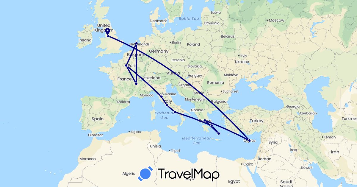 TravelMap itinerary: driving in Cyprus, France, United Kingdom, Greece, Italy, Netherlands (Asia, Europe)
